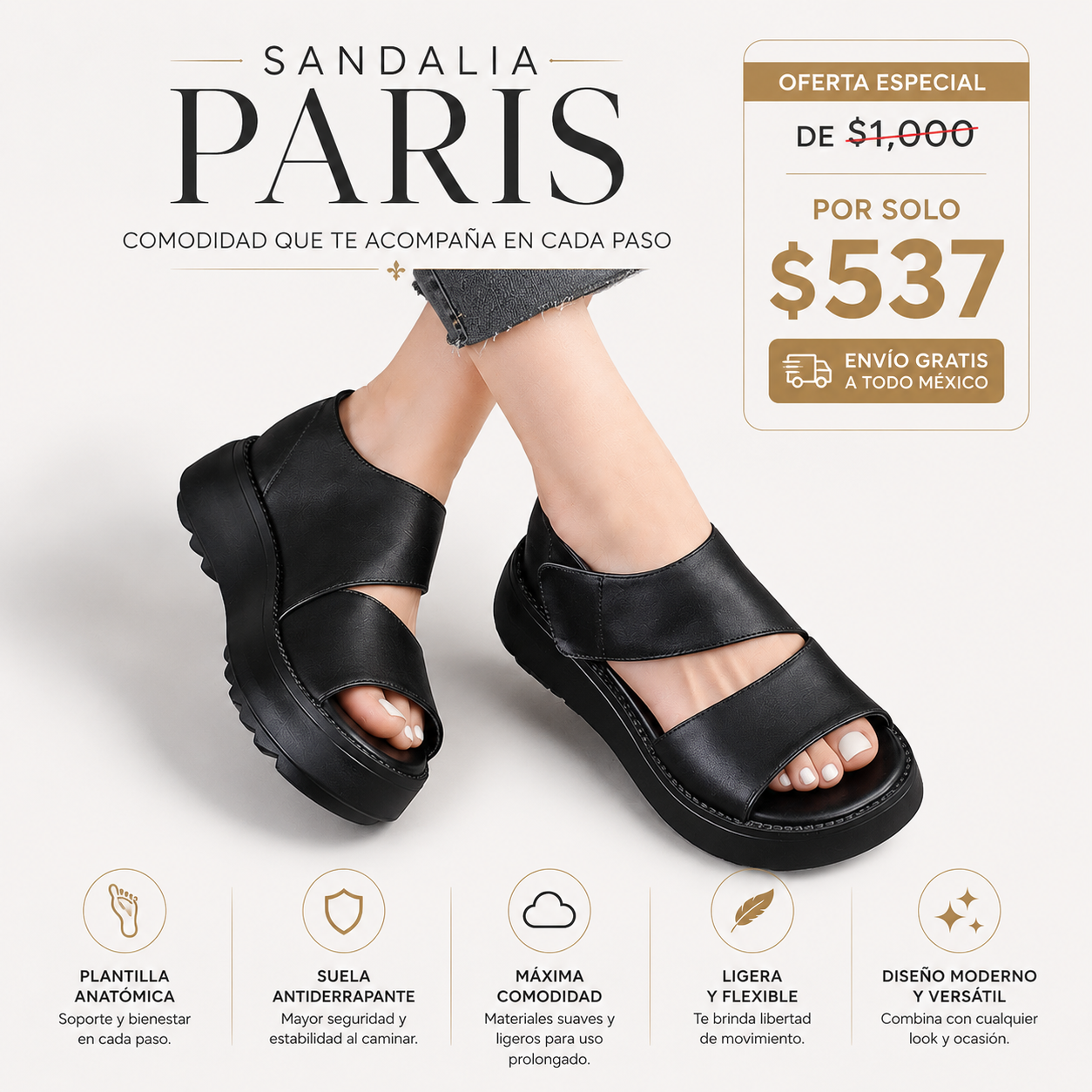 Sandalia Ortopédica Paris - Plataforma Alta y Diseño Ergonómico